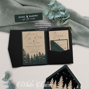 Into the Woods Wedding Invitation, Forest Celebration, Mountain Wedding, Dark Green, Pocketfold Card, Printed Invitation with White Ink