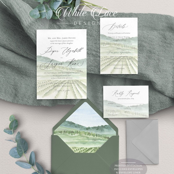 Winery Wedding Invitation - Vineyard Wedding - Romantic Wedding Invitation - Wine Country Wedding - Winery Invite - Napa Wedding - Printed