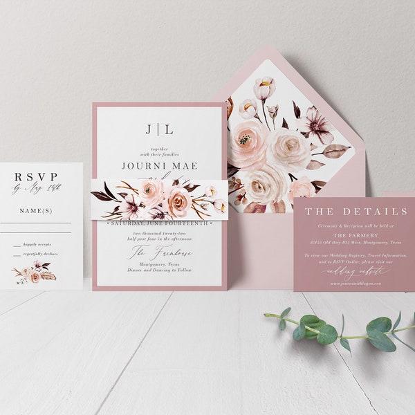 Dusty Rose Wedding Invitation - Blush Wedding - Eucalyptus Wedding - Vintage Wedding - Pink - Mauve - White Ink - Printed Invitations