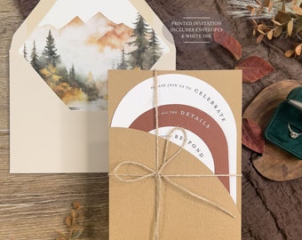 Forest Wedding Arch Invitation suite panel pocket, Sepia Rust, Wood texture pocket, twine wrap, Rustic Mountain watercolor, unique PRINTED