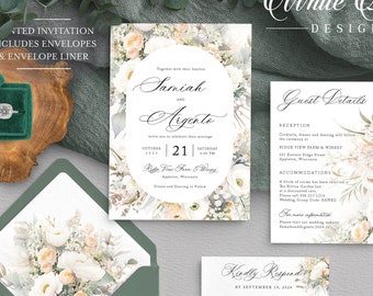 Rustic wedding invitation suite, printed romantic white floral wedding, white watercolor flowers, Sage green wedding, printed invitation