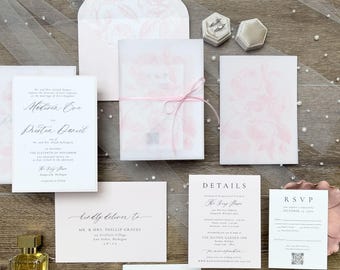 Pink Chinoiserie Wedding Invitation Suite: Vellum Jacket & Ribbon Tie