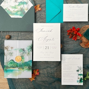 Vellum Jacket wedding invitations, Tropical Beach, Palm Tree Beach Mountains, Destination Wedding Reception, Tropics Wedding PRINTED