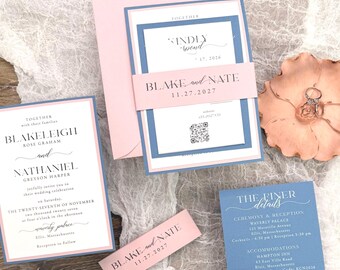Blue & Pink Layered Wedding Invitation Suite, White Ink