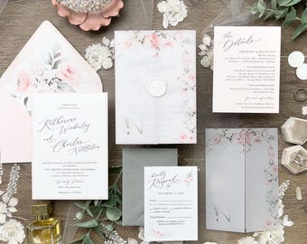 Blush Floral Wedding Invitation Suite: Vellum Jacket, Romantic Garden Design