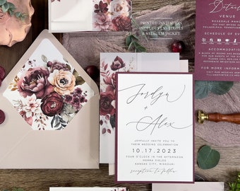 Burgundy and Taupe printed wedding invitation suite, Wine Romantic flower vellum jacket, Maroon and Ivory Printed, Modern and minimalistic
