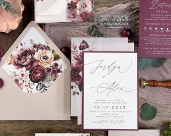 Burgundy Floral Wedding Invitation Suite: Vellum Jacket, Modern Minimalist