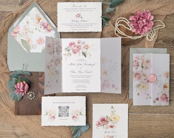 Vellum Jacket wedding invitations, Deckle Edge Elegant Floral, Dusty Rose Blush, Modern Watercolor Flower, Vintage Wildflower PRINTED
