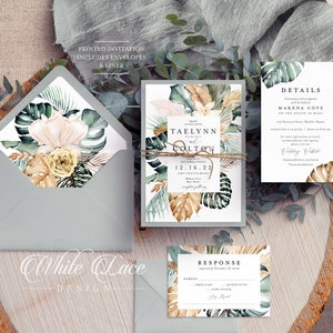 Printed Wedding Invitations Beach Wedding Invitation Monstera Leaf Tropical Wedding Greenery Wedding-Palm Leaf Green Beach Wedding image 1