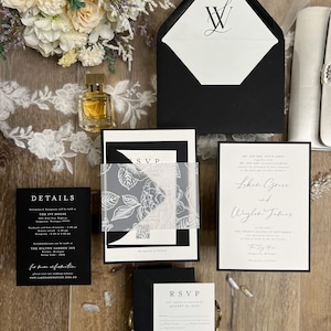 Black and White Wedding Invitation, White Ink Outline Flower envelope liner, Black envelopes, Simple, Classic, Minimalist Wedding, Printed