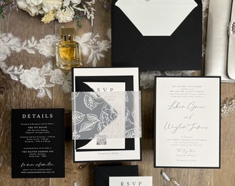 Black and White Wedding Invitation: Floral Vellum, Minimalist Design