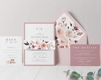 Dusty Rose Wedding Invitation - Blush Wedding - Eucalyptus Wedding - Vintage Wedding - Pink - Mauve - White Ink - Printed Invitations