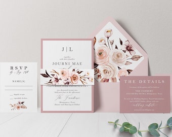 May include: A set of wedding invitations with a floral design. The invitation features a pink and white floral pattern with the text "J|L" and "JOURNI MAE". The RSVP card has the text "RSVP by..." and the details card has the text "THE DETAILS" and "THE FARMERY".