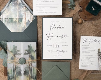 Forest Wedding Invitation: Vellum Jacket, Woodland Pine Design, Sequoia, Redwood