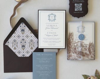 Dusty Blue Wedding Invitations, European Villa Invitation Suite, Vellum Wrap, Destination Wedding Invitations, Verona Suite