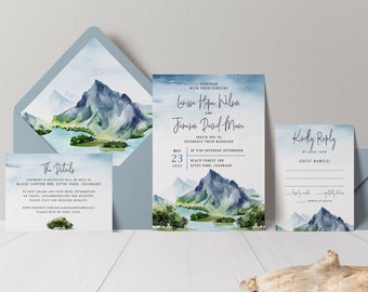 Mountain Wedding Invitation - Forest Wedding Invitation - Watercolor Forest - Lake Wedding - Dusty Blue Wedding - Printed Invitation