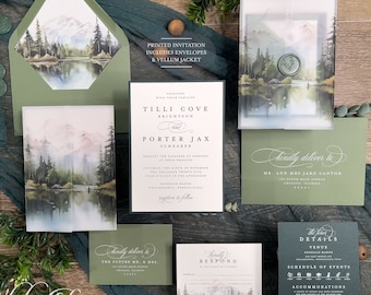Colorado Mountain Forest Wedding Invitation Suite: Green Lake, Enchanting Woodlands, Vellum Jacket