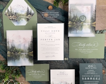 Printed Mountain Forest Tilli Wedding Invitation suite, Green Lake Scene, Colorado Wedding, Woodland Forest, Enchanting, Vellum Jacket