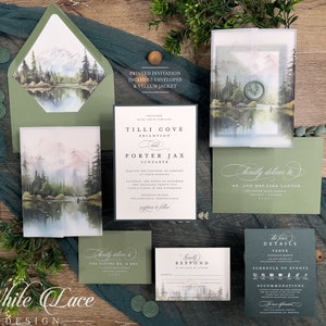 Printed Mountain Forest Tilli Wedding Invitation suite, Green Lake Scene, Colorado Wedding, Woodland Forest, Enchanting, Vellum Jacket