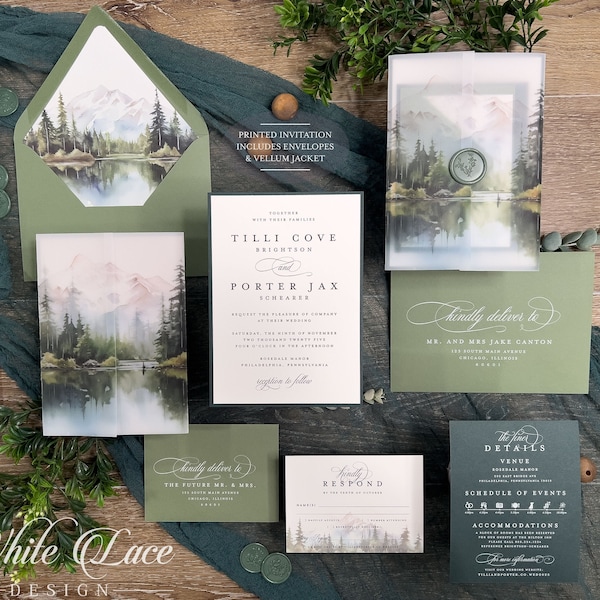 Printed Mountain Forest Tilli Wedding Invitation suite, Green Lake Scene, Colorado Wedding, Woodland Forest, Enchanting, Vellum Jacket