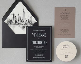 May include: A black envelope with a New York City skyline illustration on the liner, a black rectangular wedding invitation with white text, a tan rectangular weekend itinerary card, and a round tan RSVP card with a QR code and black text.