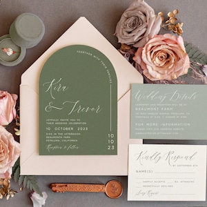 May include: A green and white wedding invitation with the names Kira and Trevor, the date October 10, 2023, and the location Beaumont Farm, Petaluma, California. The invitation also includes a RSVP card with the text "Kindly Respond by September 8th".