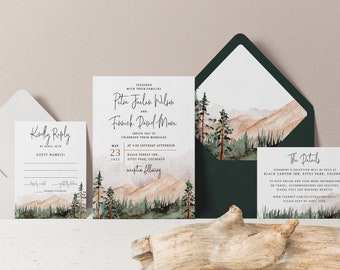 May include: Wedding invitation suite with a watercolor mountain landscape design. The invitation features the names "Peter Jalen Wilson" and "Finnich David Moore" with the date "May 23, 2027" and the location "Black Forest Inn, Estes Park, Colorado". The RSVP card includes the text "Kindly Reply by April 15th". The details card includes the text "The Details" and information about the ceremony and reception.