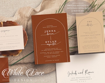 WHITE INK PRINTED - Terracotta Wedding Invitation - Warm Terracotta Wedding - Boho Wedding Invitation - Minimalist Wedding - Simple Wedding