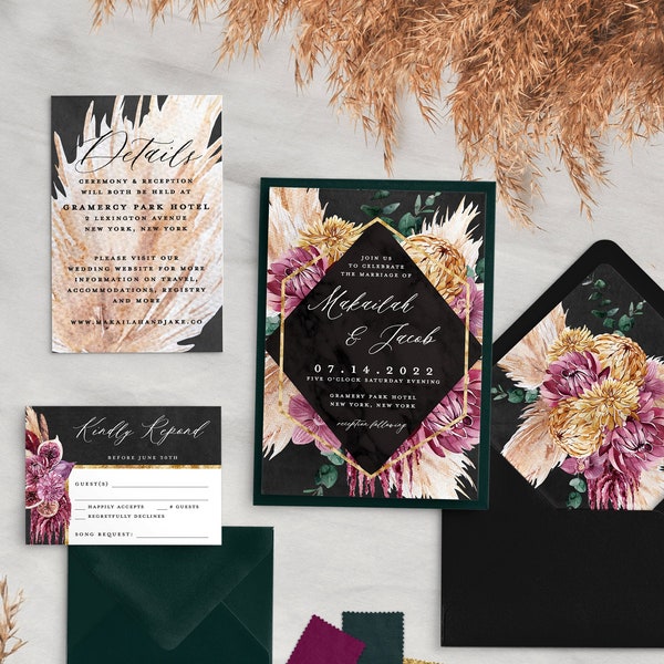 Moody Pampas Grass Wedding Invitation - Moody Boho Wedding - Jewel Tone Wedding - Pampas Grass Wedding - Bohemian Wedding - Printed