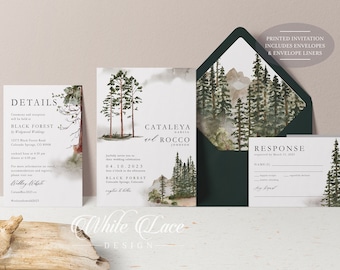 May include: Wedding invitation suite with a watercolor forest design. The invitation features a mountain range and pine trees in shades of green and blue. The text reads "Cataleya Garcia and Rocco Johnson" and "Black Forest".