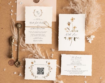 Deckle Edge Wedding Invitation: Handmade Cotton Paper, Wildflower Design