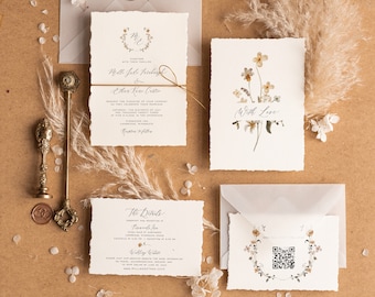 Deckle Edge Wedding Invitation - Vintage Wedding - Handmade Paper - Wildflower Wedding - Whimsical - Hand Torn Edge - Printed Invitation