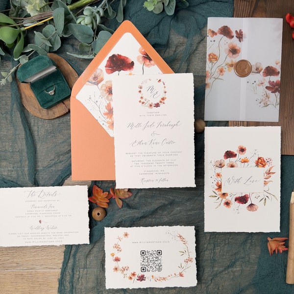 Vellum Jacket wedding invitations, Deckle Edge Terracotta Suite, Rustic Fall Clay and Burgundy, Modern Watercolor Wildflower PRINTED