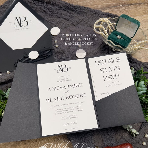 Black and White Wedding Invitation Suites, Angled Pocketfold, Black Ribbon White Wax, Bold Monogram wedding logo, Minimal Modern PRINTED