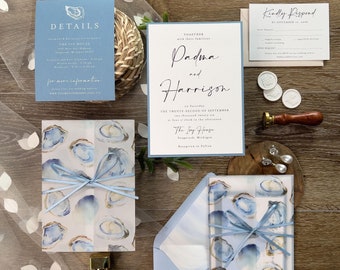 Oyster Cape Cod Beach Wedding Invitation Suite: Vellum Jacket, Watercolor Waves, Seashell, Blue Ribbon