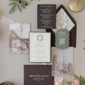 Olive green Italian-inspired wedding invitation suite with layered cream invitation, printed vellum wrap, scalloped RSVP card and chocolate brown envelope.