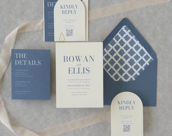 May include: A wedding invitation suite featuring cream and dusty blue cards with serif typography. The set includes a rectangular invitation for Rowan and Ellis, a details card, and two arched RSVP cards with QR codes, accompanied by a blue envelope with a white grid pattern liner.