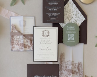 Olive Green Wedding Invitation Suite, Tuscany Wedding Invitations, Italian Wedding Invite, Vellum Wrap Invitation