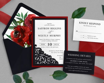 Black and Red Wedding Invitation, Red Wedding,  Black Lace Wedding, Luxury Invitation, Red Rose Invitation,  White Ink, Printed Suite