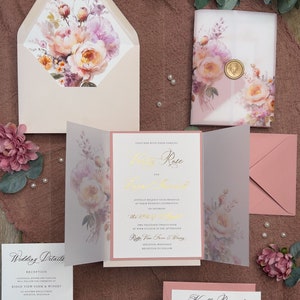 Vellum Jacket wedding invitation suite, Gold Foil wedding, Dusty Rose Mauve Modern, Whimsical Terracotta Romantic WildFlower, Verity PRINTED image 2