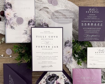 Printed Tilli Wedding Invitation suite, Shades of purple wedding, Lavender Dark Purple watercolor flowers, Classic Vellum Jacket, White Ink