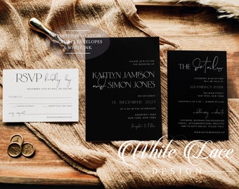 White Ink Printed Black Wedding Invitation: Modern Minimalist Design