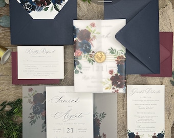Burgundy Navy Vellum Jacket wedding invitations, Elegant Wine Floral watercolor, Luxury semi-translucent wrap, Modern Samiah Collection