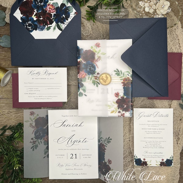 Burgundy Navy Vellum Jacket wedding invitations, Elegant Wine Floral watercolor, Luxury semi-translucent wrap, Modern Samiah Collection