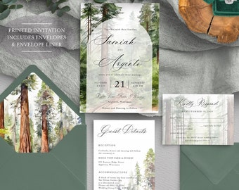 Rustic Redwood forest wedding invitation suite, Into the woods wedding, Sequoia tree, Washington forest wedding, Green outdoor printed suite