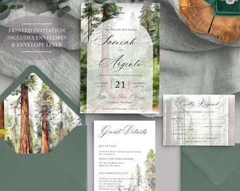 Può includere: Un set di inviti di nozze con un'illustrazione ad acquerello di un sentiero nel bosco. L'invito presenta i nomi "Samiah e Argento" e la data "21 ottobre 2023". La carta RSVP presenta il testo "Gentile Risposta entro il 15 settembre 2023".