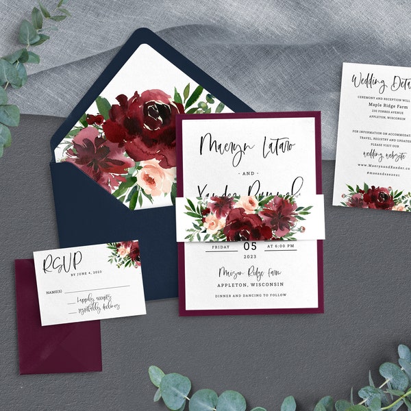 Navy and Burgundy Wedding Invitation - Etsy