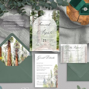 Rustic Redwood forest wedding invitation suite, Into the woods wedding, Sequoia tree, Washington forest wedding, Green outdoor printed suite