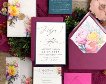 Printed Bright Bold Magenta and Teal Wedding Invitation Suite, Yellow and Pink Flower Vellum Jacket, Dark Teal and Fuchsia Romantic Wedding