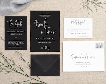 Black wedding invitation with white ink, Black and white classic wedding, dark moody, high end black invites, Luxury black suite white ink